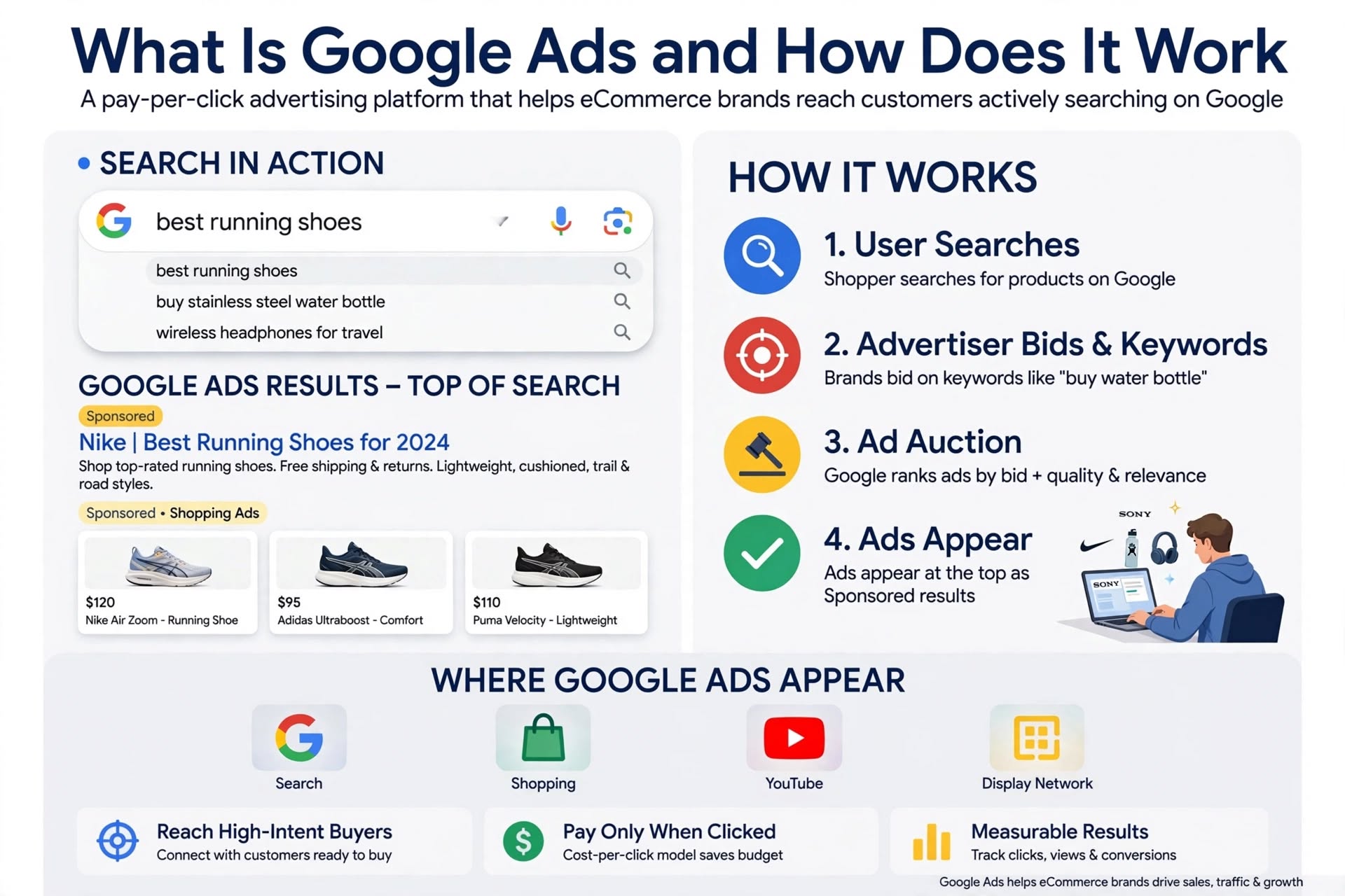 Infographic explaining What Is Google Ads and How Does It Work, showing search queries, sponsored ad results, shopping ads, and where Google Ads appear