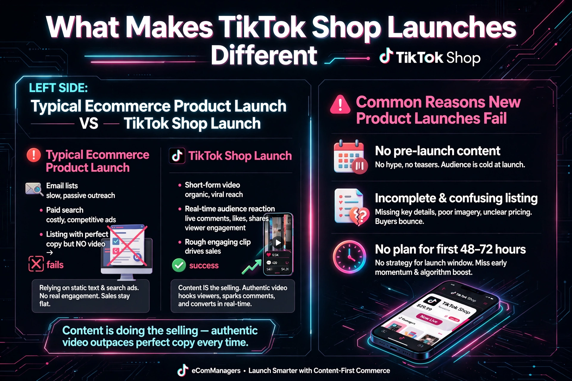 What makes TikTok Shop launches different infographic comparing typical ecommerce product launch vs TikTok Shop launch short form video real time audience reaction content is selling common reasons new launches fail no pre launch content incomplete listing no plan for 48-72 hours