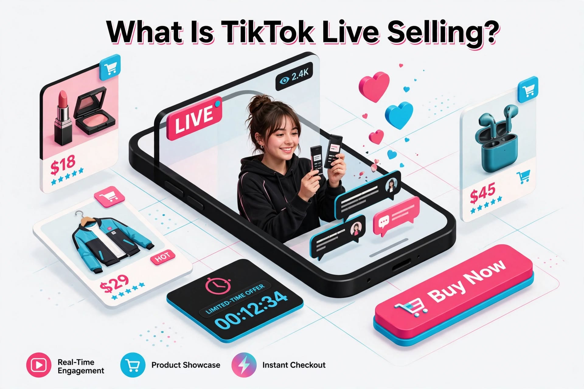 3D illustration explaining What Is TikTok Live Selling with a seller live on smartphone showing products, chat bubbles, hearts, and Buy Now button